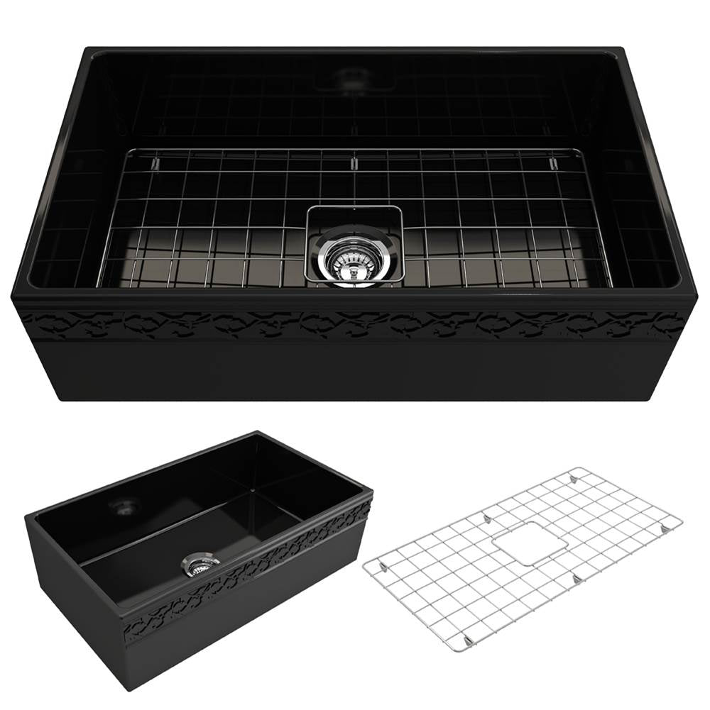 BOCCHI - Vigneto Apron Front Fireclay 33 in. Single Bowl Kitchen Sink with Protective Bottom Grid and Strainer in Black - Black