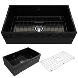 BOCCHI - Vigneto Apron Front Fireclay 33 in. Single Bowl Kitchen Sink with Protective Bottom Grid and Strainer in Black - Black
