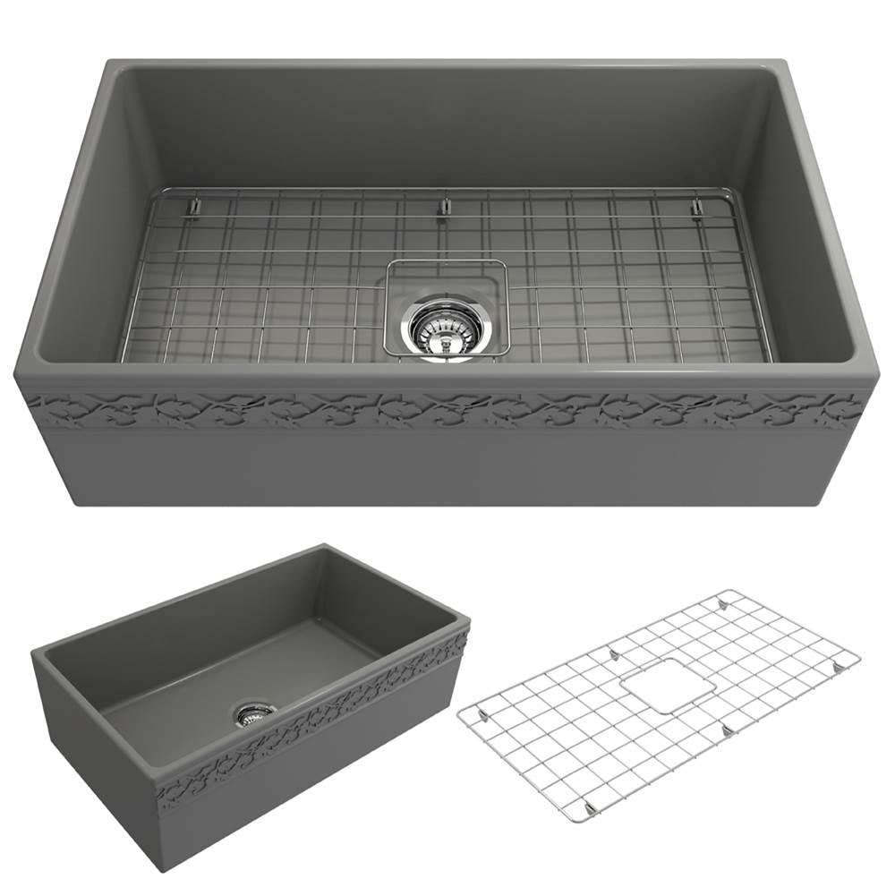BOCCHI - Vigneto Apron Front Fireclay 33 in. Single Bowl Kitchen Sink with Protective Bottom Grid and Strainer in Matte Gray - Matte Gray