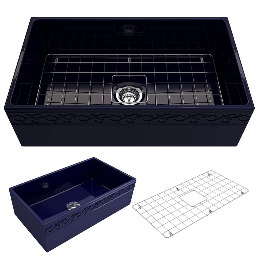 BOCCHI - Vigneto Apron Front Fireclay 33 in. Single Bowl Kitchen Sink with Protective Bottom Grid and Strainer in Sapphire Blue - Sapphire Blue