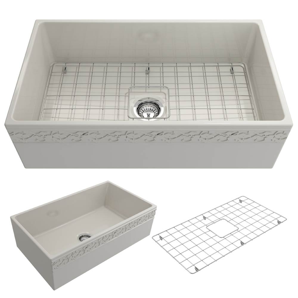 BOCCHI - Vigneto Apron Front Fireclay 33 in. Single Bowl Kitchen Sink with Protective Bottom Grid and Strainer in Biscuit - Biscuit
