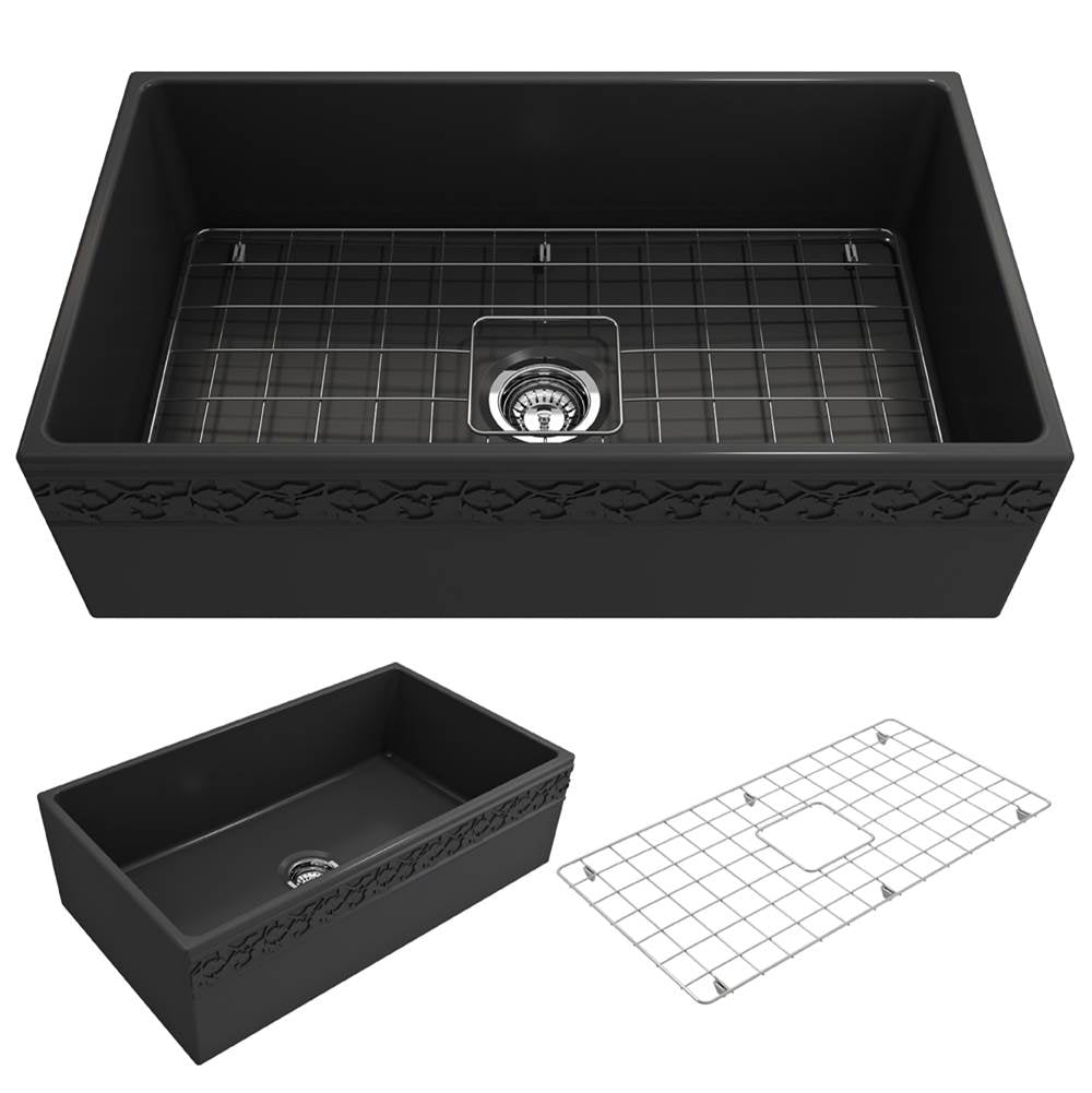 BOCCHI - Vigneto Apron Front Fireclay 33 in. Single Bowl Kitchen Sink with Protective Bottom Grid and Strainer in Matte Dark Gray - Matte Dark Gray