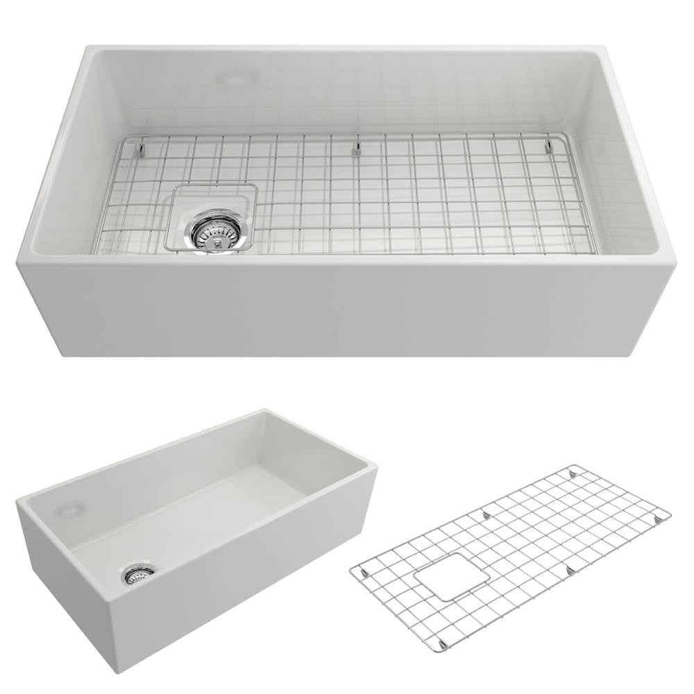 BOCCHI - Contempo Apron Front Fireclay 36 in. Single Bowl Kitchen Sink with Protective Bottom Grid and Strainer in White - White