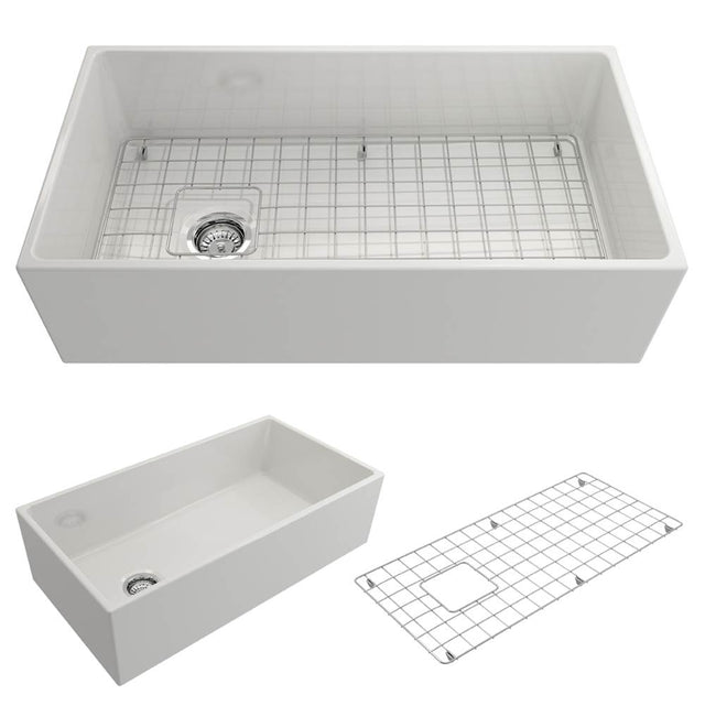 BOCCHI - Contempo Apron Front Fireclay 36 in. Single Bowl Kitchen Sink with Protective Bottom Grid and Strainer in White - White