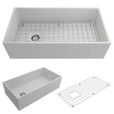 BOCCHI - Contempo Apron Front Fireclay 36 in. Single Bowl Kitchen Sink with Protective Bottom Grid and Strainer in Matte White - Matte White