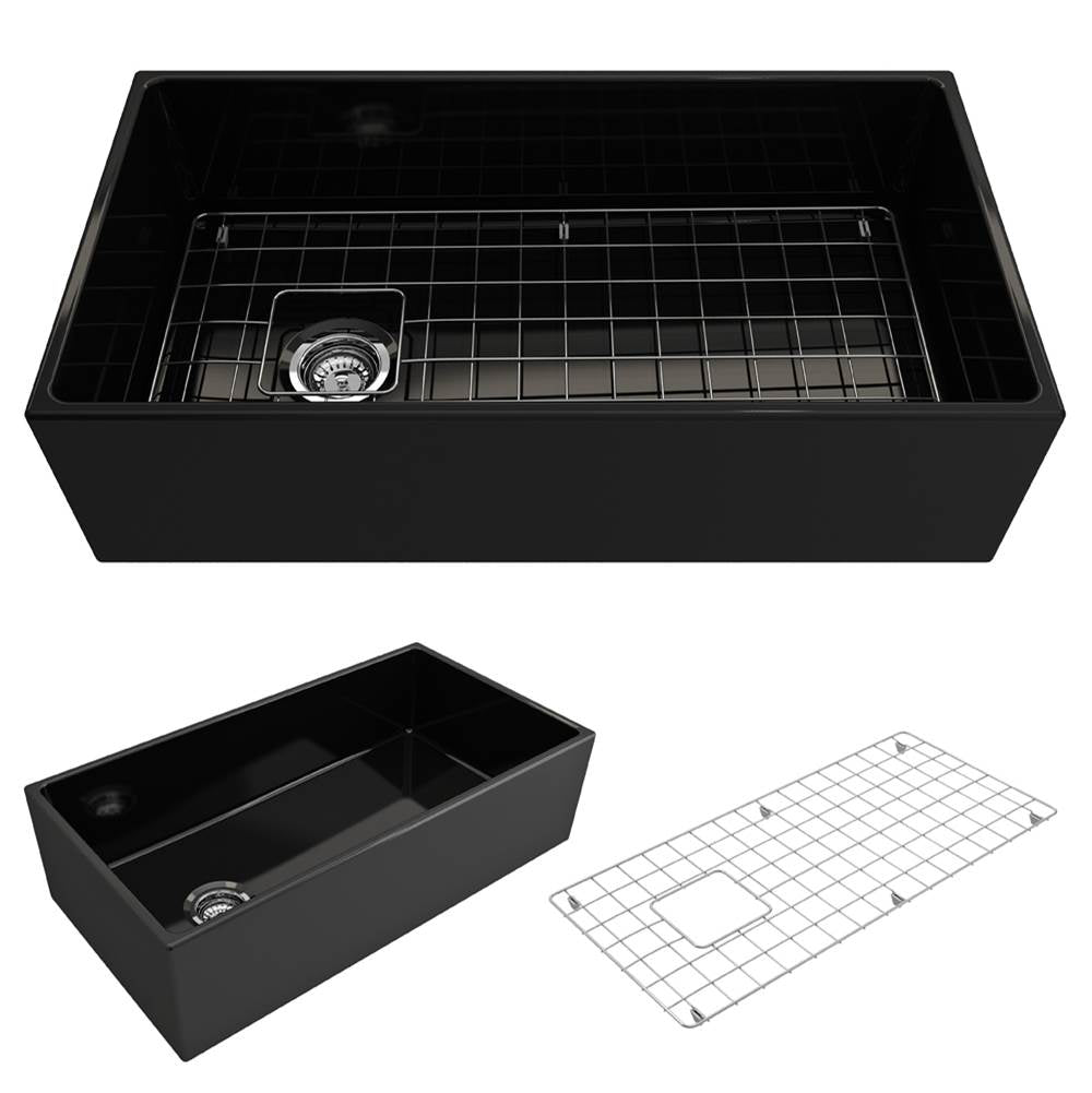 BOCCHI - Contempo Apron Front Fireclay 36 in. Single Bowl Kitchen Sink with Protective Bottom Grid and Strainer in Black - Black