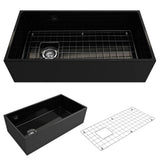 BOCCHI - Contempo Apron Front Fireclay 36 in. Single Bowl Kitchen Sink with Protective Bottom Grid and Strainer in Black - Black