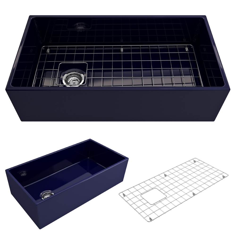 BOCCHI - Contempo Apron Front Fireclay 36 in. Single Bowl Kitchen Sink with Protective Bottom Grid and Strainer in Sapphire Blue - Sapphire Blue