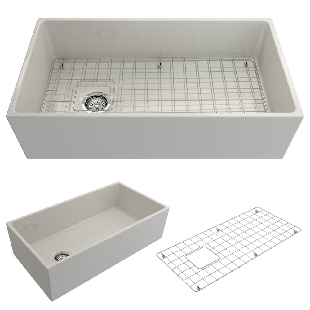 BOCCHI - Contempo Apron Front Fireclay 36 in. Single Bowl Kitchen Sink with Protective Bottom Grid and Strainer in Biscuit - Biscuit