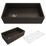 BOCCHI - Contempo Apron Front Fireclay 36 in. Single Bowl Kitchen Sink with Protective Bottom Grid and Strainer in Matte Brown - Matte Brown