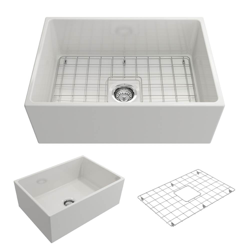 BOCCHI - Contempo Apron Front Fireclay 27 in. Single Bowl Kitchen Sink with Protective Bottom Grid and Strainer in White - White