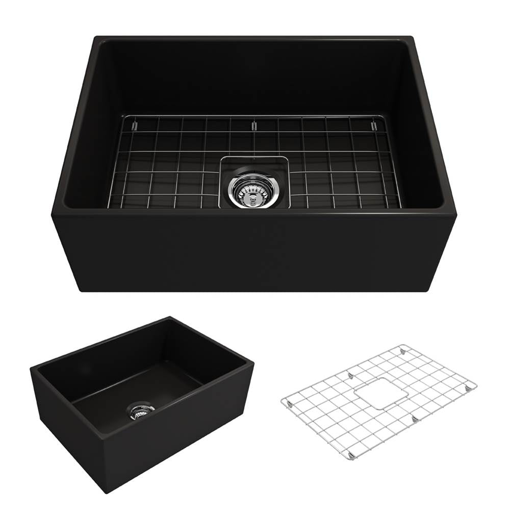 BOCCHI - Contempo Apron Front Fireclay 27 in. Single Bowl Kitchen Sink with Protective Bottom Grid and Strainer in Matte Black - Matte Black