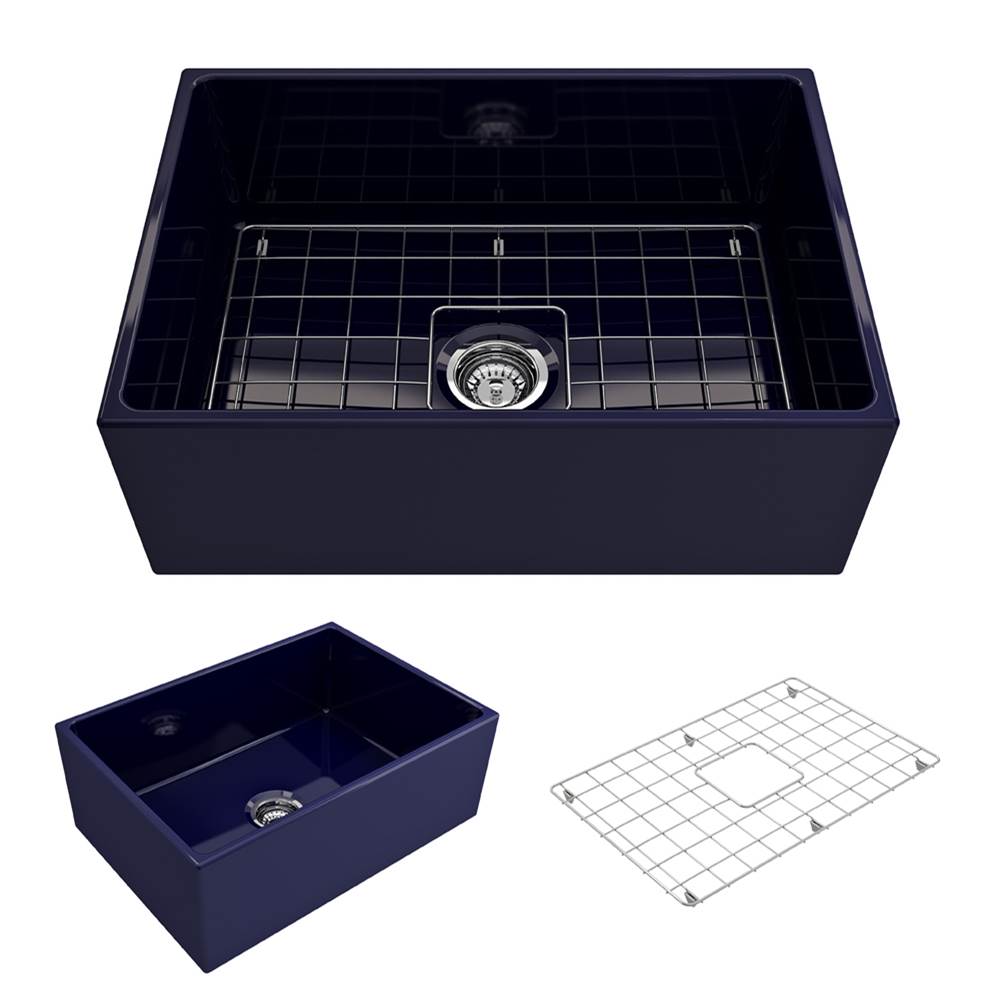 BOCCHI - Contempo Apron Front Fireclay 27 in. Single Bowl Kitchen Sink with Protective Bottom Grid and Strainer in Sapphire Blue - Sapphire Blue