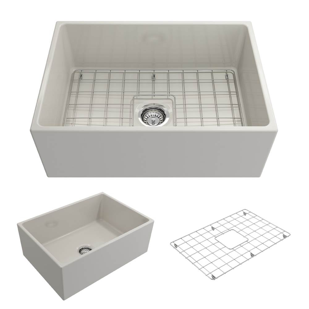 BOCCHI - Contempo Apron Front Fireclay 27 in. Single Bowl Kitchen Sink with Protective Bottom Grid and Strainer in Biscuit - Biscuit