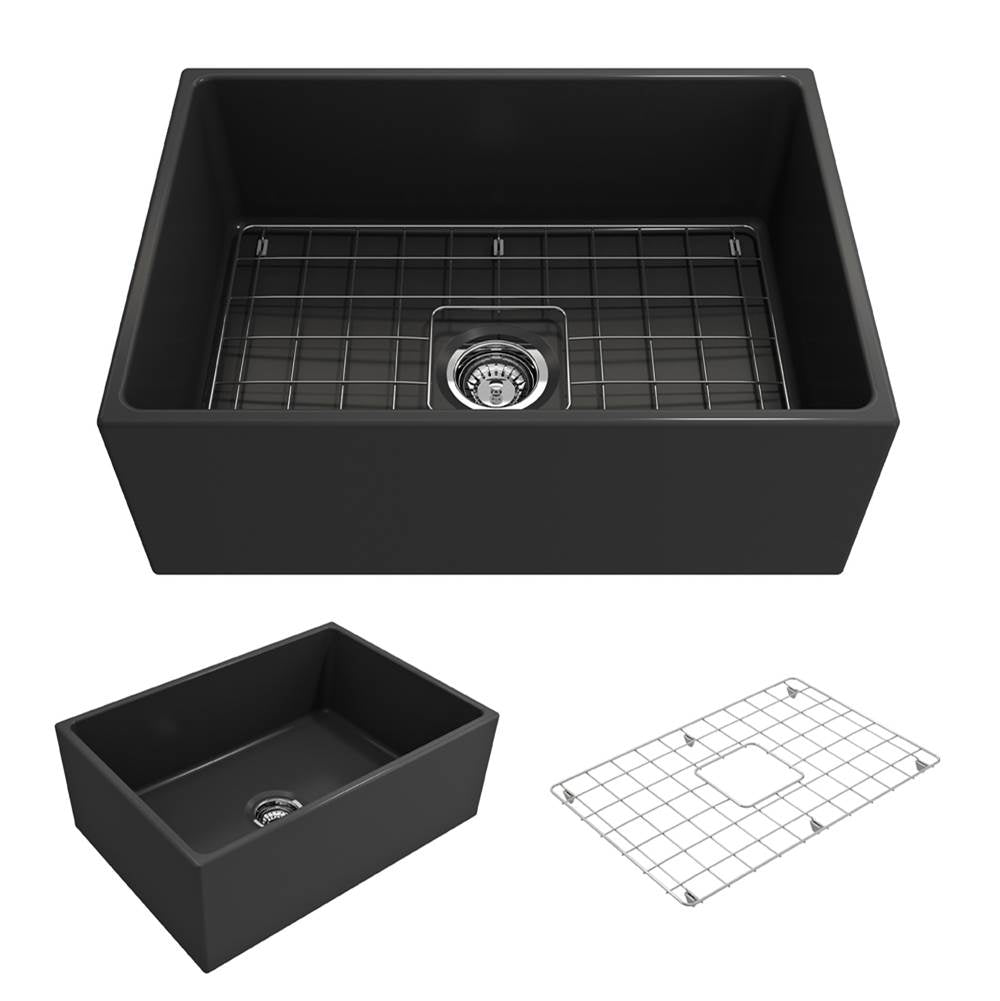 BOCCHI - Contempo Apron Front Fireclay 27 in. Single Bowl Kitchen Sink with Protective Bottom Grid and Strainer in Matte Dark Gray - Matte Dark Gray