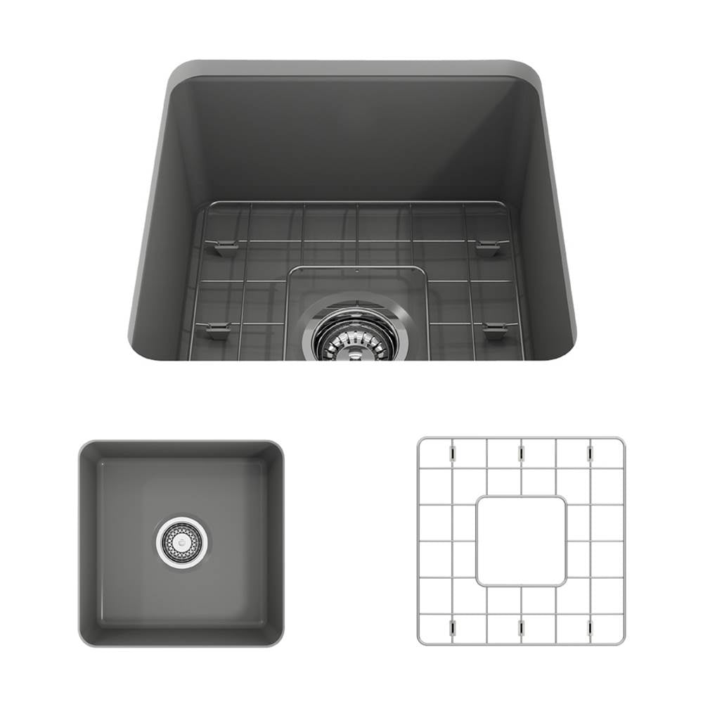 BOCCHI - Sotto Dual-mount Fireclay 18 in. Single Bowl Bar Sink with Protective Bottom Grid and Strainer in Matte Gray - Matte Gray