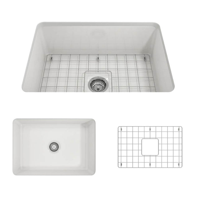 BOCCHI - Sotto Dual-mount Fireclay 27 in. Single Bowl Kitchen Sink with Protective Bottom Grid and Strainer in White - White