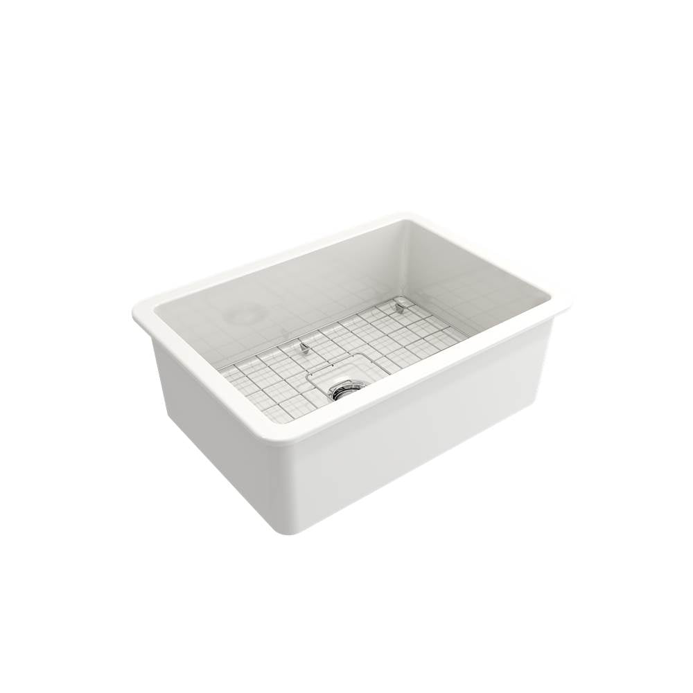 Sotto Dual-mount Fireclay 27 in. Single Bowl Kitchen Sink with Protective Bottom Grid and Strainer in White