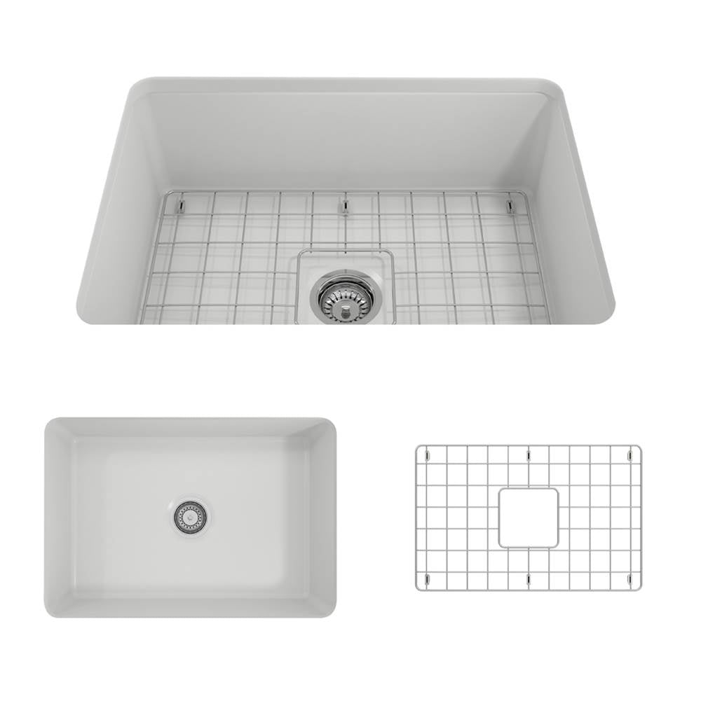 BOCCHI - Sotto Dual-mount Fireclay 27 in. Single Bowl KitchenSink with Protective Bottom Grid and Strainer in Matte White - Matte White