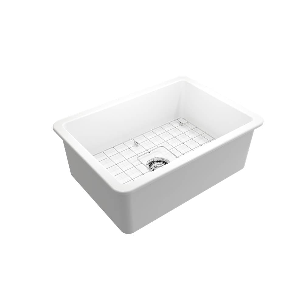 Sotto Dual-mount Fireclay 27 in. Single Bowl Kitchen Sink with Protective Bottom Grid and Strainer in White