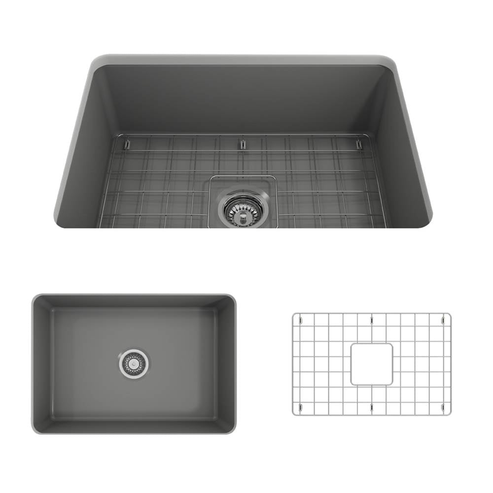 BOCCHI - Sotto Dual-mount Fireclay 27 in. Single Bowl Kitchen Sink with Protective Bottom Grid and Strainer in Matte Gray - Matte Gray