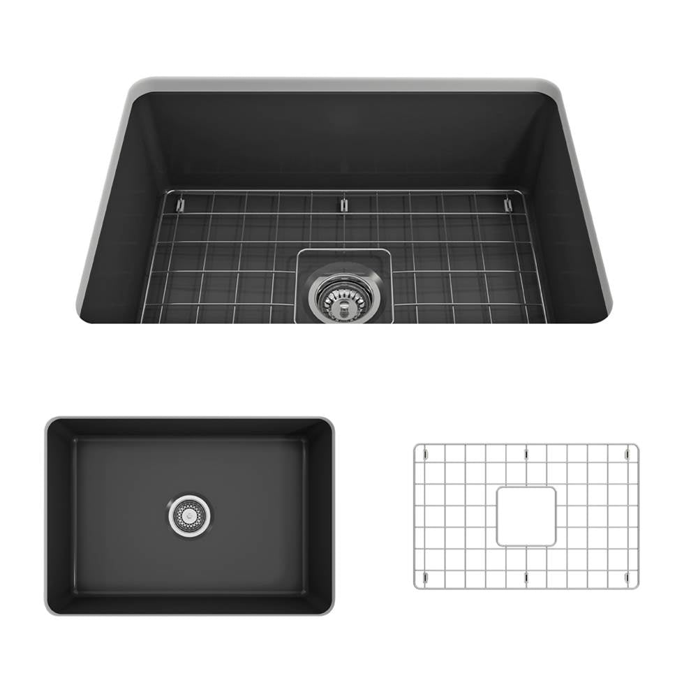 BOCCHI - Sotto Dual-mount Fireclay 27 in. Single Bowl Kitchen Sink with Protective Bottom Grid and Strainer in Matte Dark Gray - Matte Dark Gray