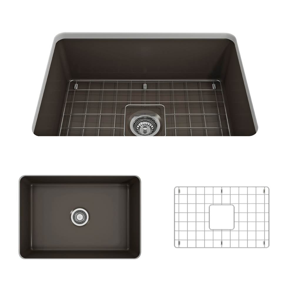 BOCCHI - Sotto Dual-mount Fireclay 27 in. Single Bowl Kitchen Sink with Protective Bottom Grid and Strainer in Matte Brown - Matte Brown