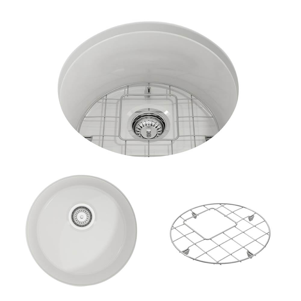 BOCCHI - Sotto Round Dual-mount Fireclay 18.5 in. Single Bowl Bar Sink with Protective Bottom Grid and Strainer in White - White