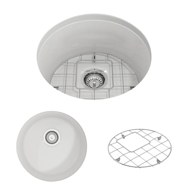 BOCCHI - Sotto Round Dual-mount Fireclay 18.5 in. Single Bowl Bar Sink with Protective Bottom Grid and Strainer in White - White