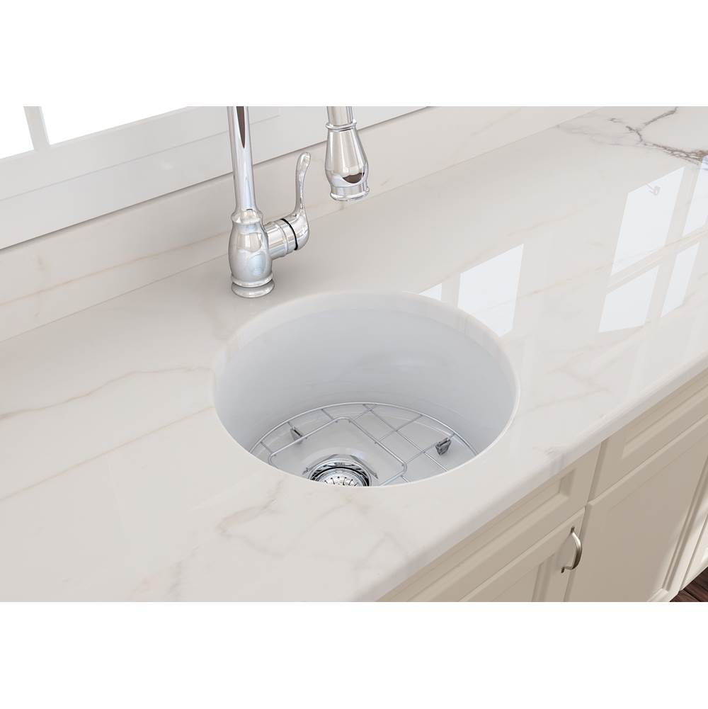 Sotto Round Dual-mount Fireclay 18.5 in. Single Bowl Bar Sink with Protective Bottom Grid and Strainer in White