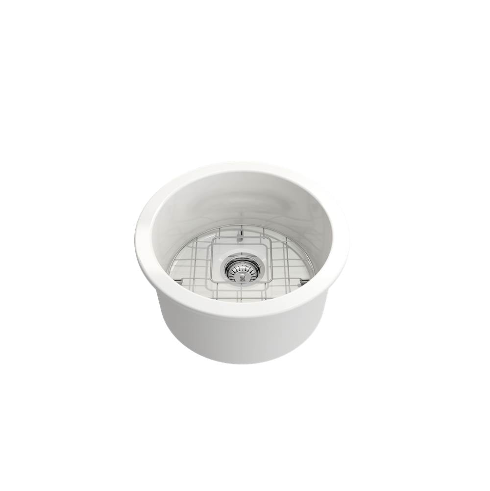 Sotto Round Dual-mount Fireclay 18.5 in. Single Bowl Bar Sink with Protective Bottom Grid and Strainer in White