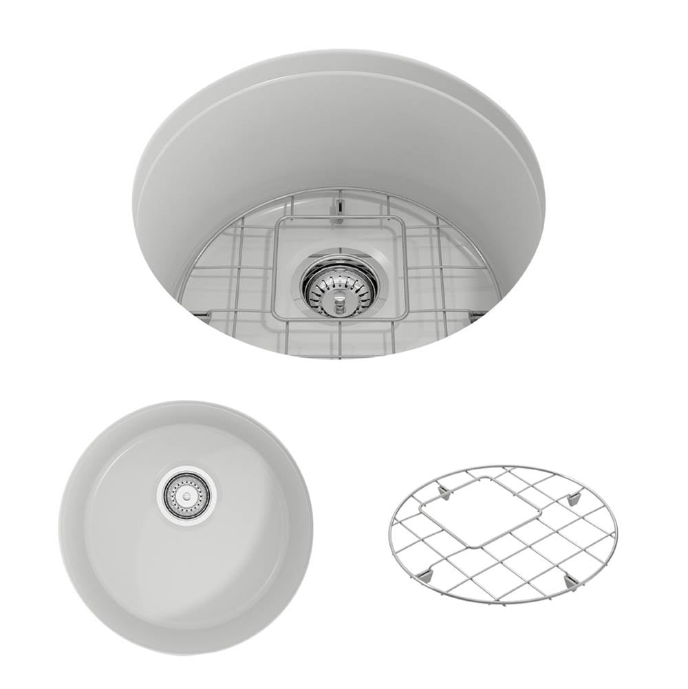 BOCCHI - Sotto Round Dual-mount Fireclay 18.5 in. Single Bowl Bar Sink with Protective Bottom Grid and Strainer in Matte White - Matte White