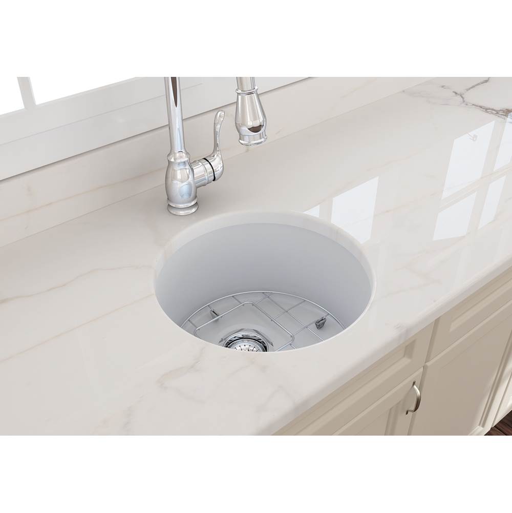 Sotto Round Dual-mount Fireclay 18.5 in. Single Bowl Bar Sink with Protective Bottom Grid and Strainer in White