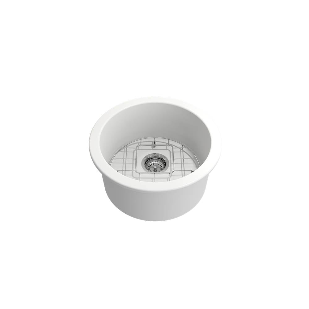Sotto Round Dual-mount Fireclay 18.5 in. Single Bowl Bar Sink with Protective Bottom Grid and Strainer in White