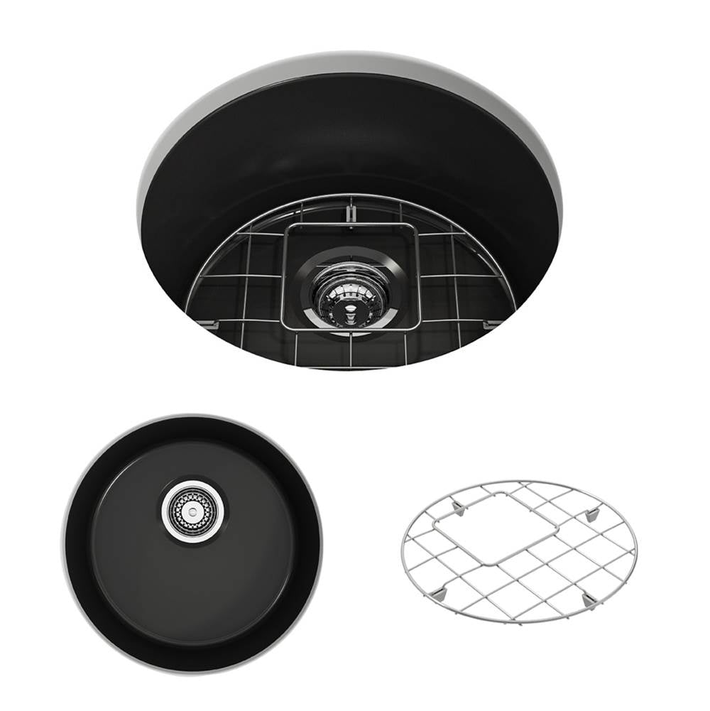 BOCCHI - Sotto Round Dual-mount Fireclay 18.5 in. Single Bowl Bar Sink with Protective Bottom Grid and Strainer in Matte Black - Matte Black
