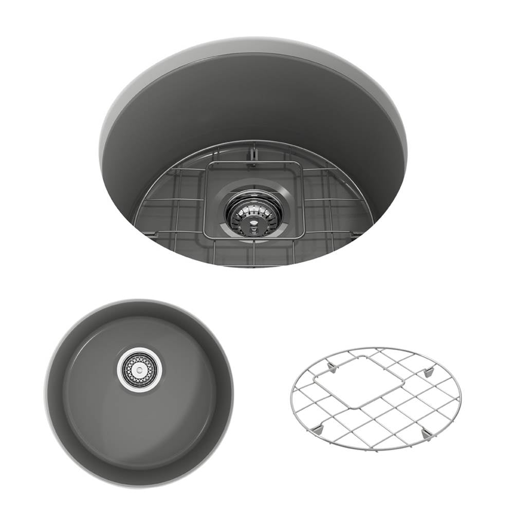 BOCCHI - Sotto Round Dual-mount Fireclay 18.5 in. Single Bowl Bar Sink with Protective Bottom Grid and Strainer in Matte Gray - Matte Gray