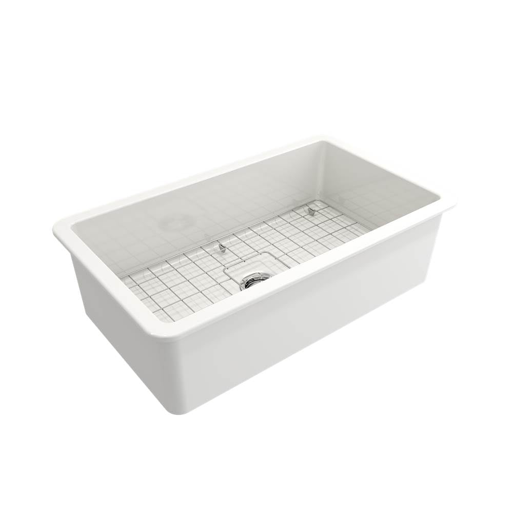 Sotto Dual-mount Fireclay 32 in. Single Bowl Kitchen Sink with Protective Bottom Grid and Strainer in White