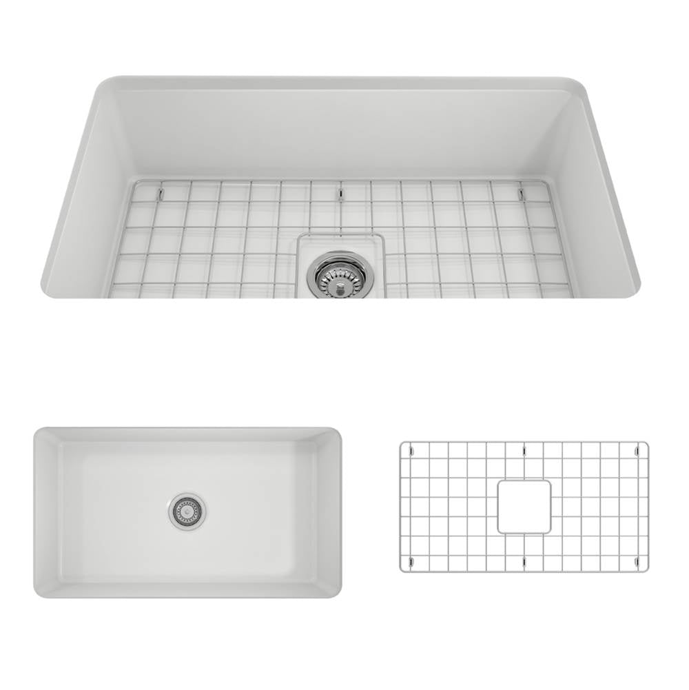 BOCCHI - Sotto Dual-mount Fireclay 32 in. Single Bowl Kitchen Sink with Protective Bottom Grid and Strainer in Matte White - Matte White