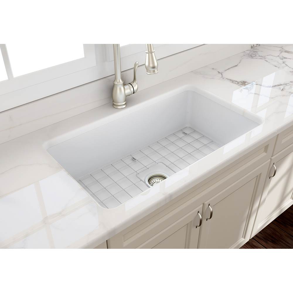Sotto Dual-mount Fireclay 32 in. Single Bowl Kitchen Sink with Protective Bottom Grid and Strainer in White
