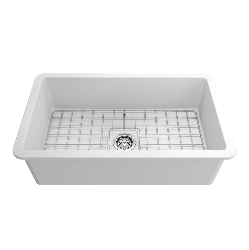 Sotto Dual-mount Fireclay 32 in. Single Bowl Kitchen Sink with Protective Bottom Grid and Strainer in White