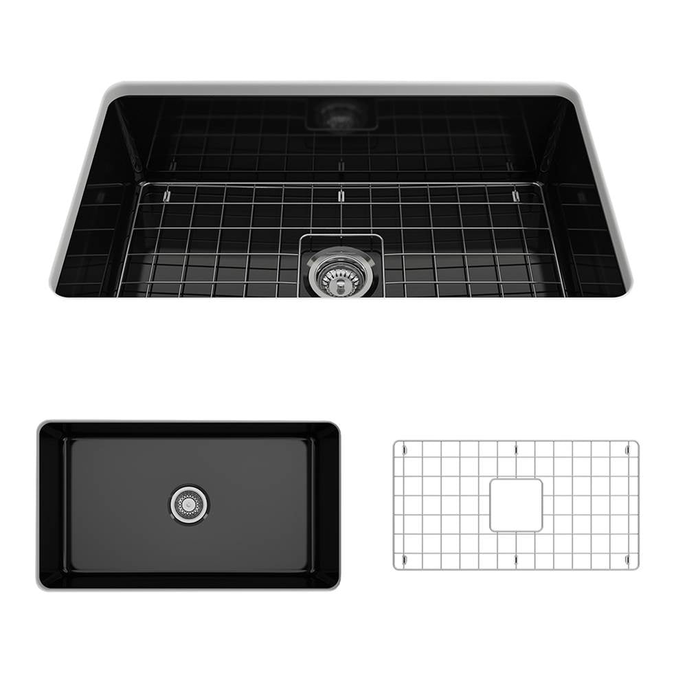 BOCCHI - Sotto Dual-mount Fireclay 32 in. Single Bowl Kitchen Sink with Protective Bottom Grid and Strainer in Black - Black