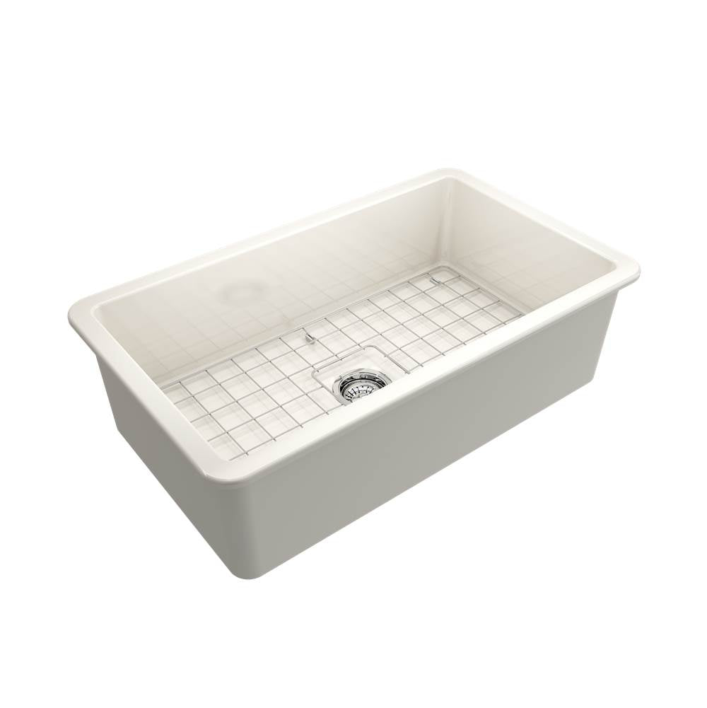 Sotto Dual-mount Fireclay 32 in. Single Bowl Kitchen Sink with Protective Bottom Grid and Strainer in White