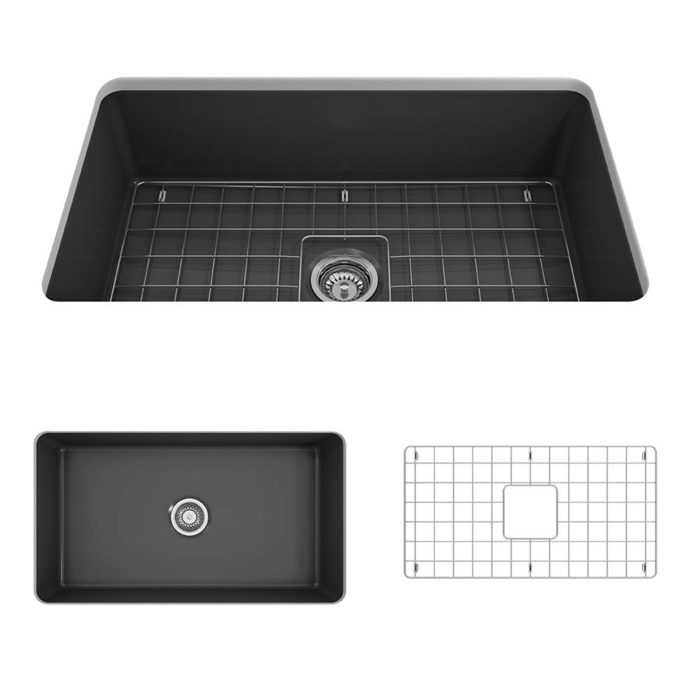 BOCCHI - Sotto Dual-mount Fireclay 32 in. Single Bowl Kitchen Sink with Protective Bottom Grid and Strainer in Matte Dark Gray - Matte Dark Gray