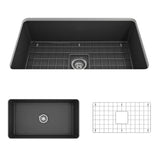 BOCCHI - Sotto Dual-mount Fireclay 32 in. Single Bowl Kitchen Sink with Protective Bottom Grid and Strainer in Matte Dark Gray - Matte Dark Gray