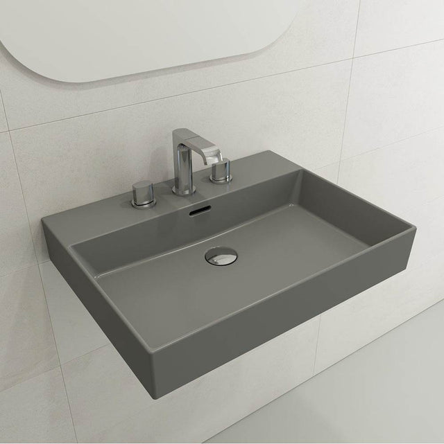 BOCCHI - Milano Wall-Mounted Sink Fireclay 24 in. 3-Hole with Overflow in Matte Gray - Matte Gray