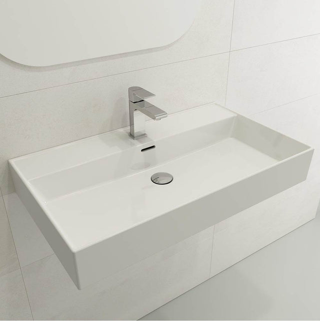 BOCCHI - Milano Wall-Mounted Sink Fireclay 32 in. 1-Hole with Overflow in White - White