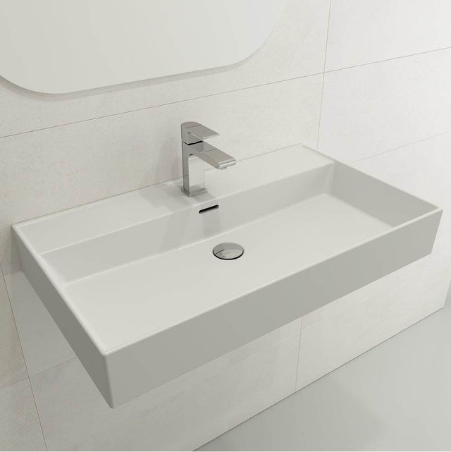 BOCCHI - Milano Wall-Mounted Sink Fireclay 32 in. 1-Hole with Overflow in Matte White - Matte White