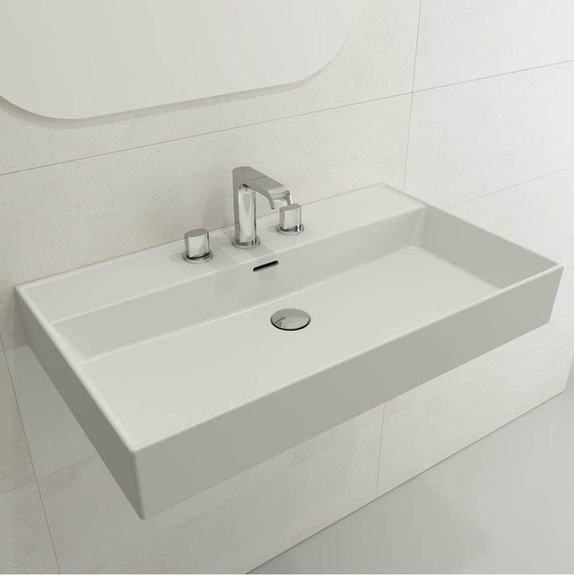 BOCCHI - Milano Wall-Mounted Sink Fireclay 32 in. 3-Hole with Overflow in Matte White - Matte White