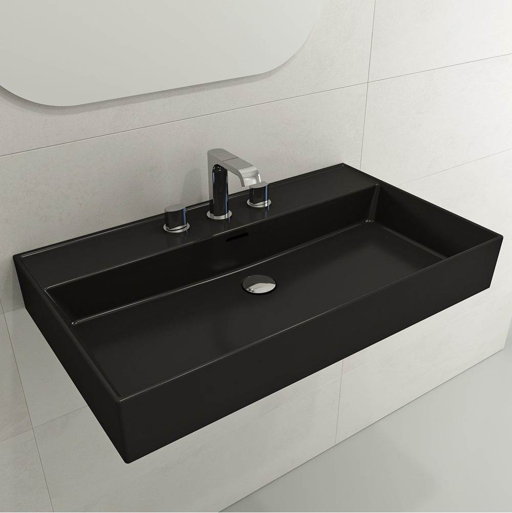 BOCCHI - Milano Wall-Mounted Sink Fireclay 32 in. 3-Hole with Overflow in Matte Black - Matte Black