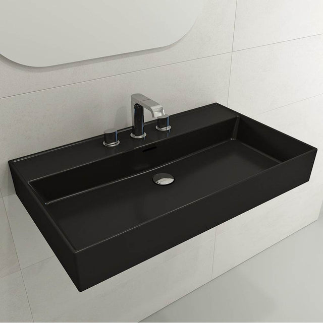 BOCCHI - Milano Wall-Mounted Sink Fireclay 32 in. 3-Hole with Overflow in Matte Black - Matte Black